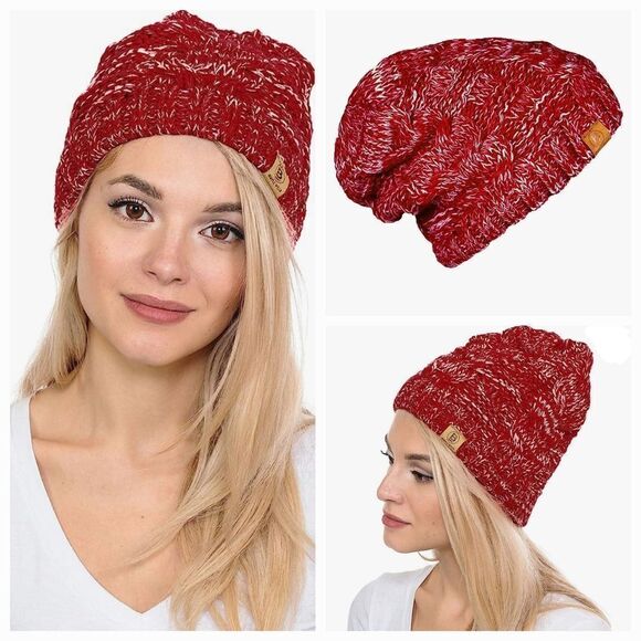 🧚‍♂️NWT Basico Beige & Red Chunky Knit Pair of Unisex Slouchy Beanie Hats - Picture 4 of 12
